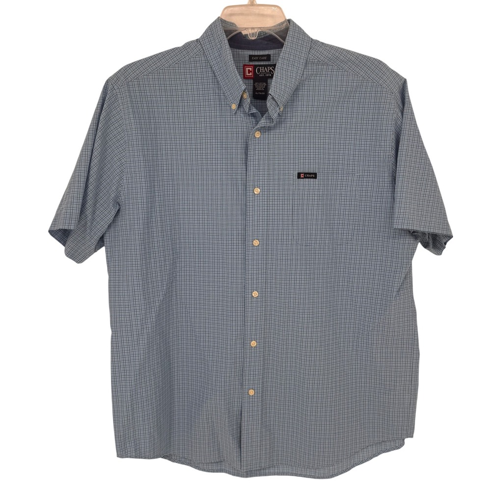 Chaps Button Down Mens XL Blue Good Short Sleeve Easy Care Micro Check Shirt